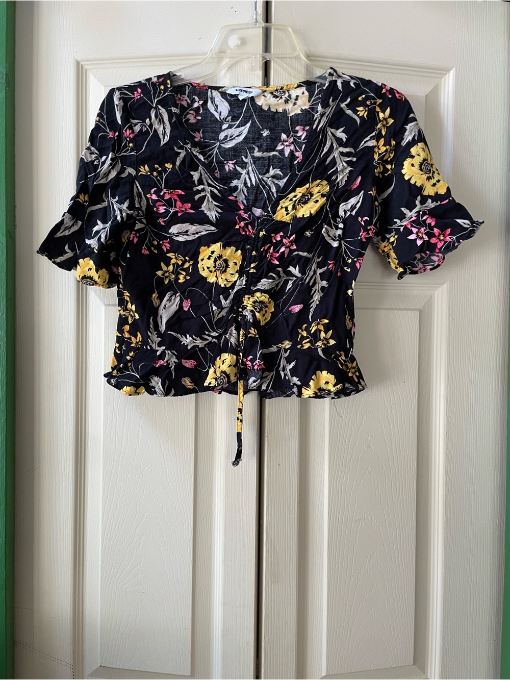 Express Black Floral Tie-Front Crop Top with Yellow and Pink Flowers